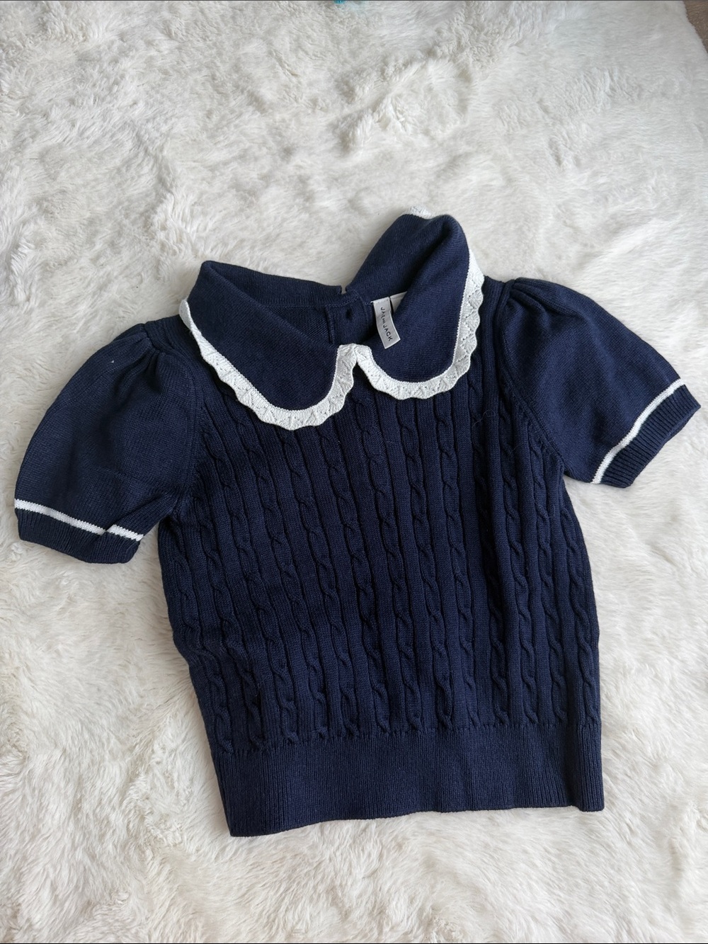 Janie and Jack Navy Short-Sleeve Cable-Knit Top with White Trim Collar